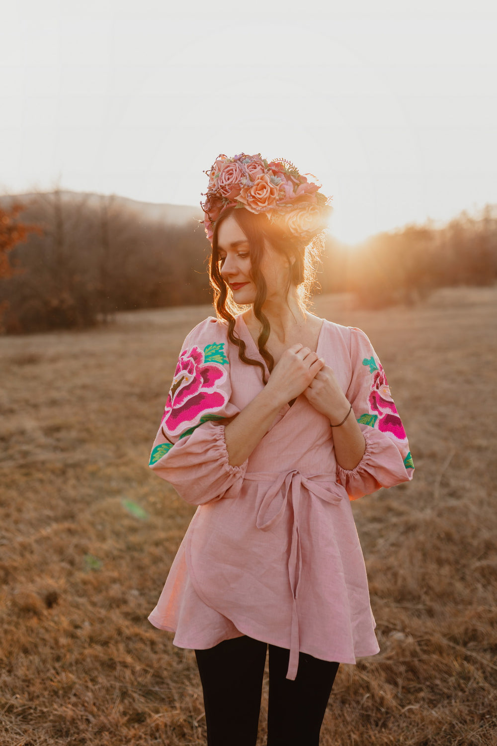 Ľanová zavinovacia tunika Ruža kvet